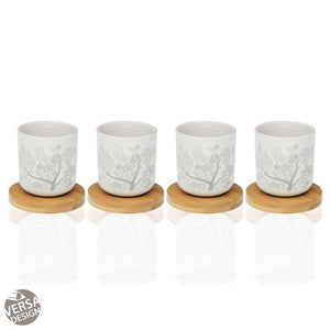 Set 4 Tazas de Porcelana con Soporte Bambú Revery 5,8 X 5,8 X 6,3 cm